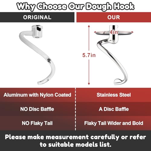 Image of GVODE Stainless Steel Spiral Dough Hook for KitchenAid Stand Mixer, Bread Hook Attachment Fits 4.5-5 QT Mixing Bowl for Tilt-Head Stand Mixers, For KitchenAid Stand Mixer Accessories, Dishwasher Safe