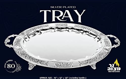 Silver Plated Menorah Tray With Handles - 16 Inch X 12 Inch - For Shabbos, Yom Tov, Hanukkah Drip Tray - Large Oval Silver Tray - Ner Mitzvah #TOP5