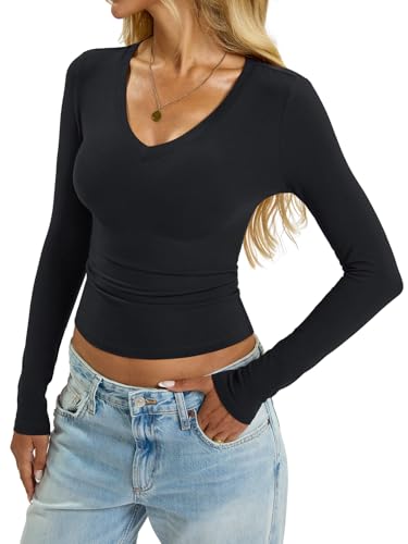 Womens Cotton Long Sleeve Shirts V Neck Slim Fit Tops Basic Tees Going Out Outfits 2025 Fall Spring4