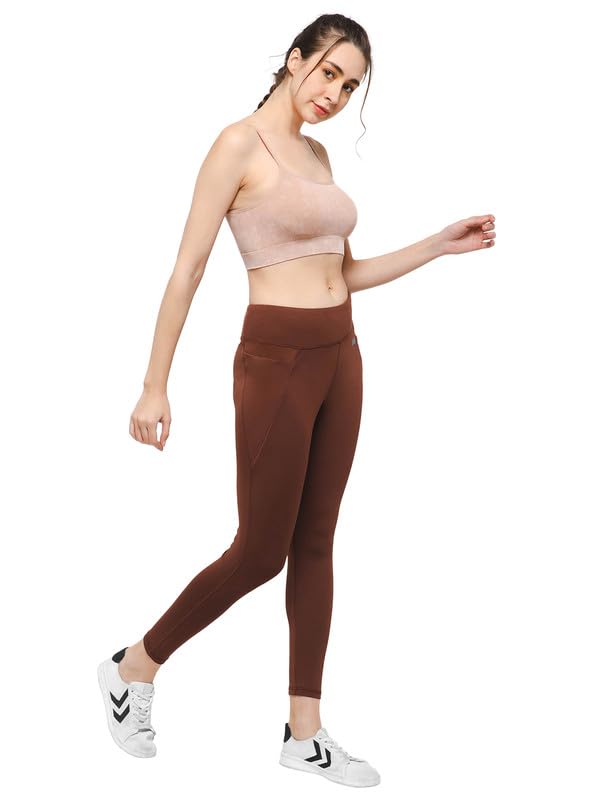 Image of Clovia Women's Snug-Fit High-Rise 4 Pocket Active Tights in Brown