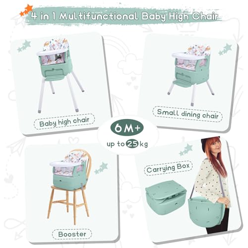 4 in 1 portable baby high chairconvertible highchair for babies and toddlers-foldable infant booster seatcarry small boxdining chairtoddler high chair with 5-point harnessremovable tray-green