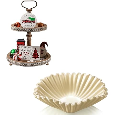 Handmade Two Tiered Tray Stand and Food Grade Ceramic Decorative Bowl for Coffee Table, Dining Room Table Entryway and Living Room Table Cover