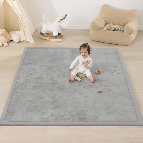 Image of 1.3 inch Thick Baby Floor Play Mat, 59x79 Padded Foam Tummy Time Crawling Mat, Non-Slip Water-Repellent Soft Plush Nursey Area Rug for Playroom Bedroom Living Room (Light Gery)
