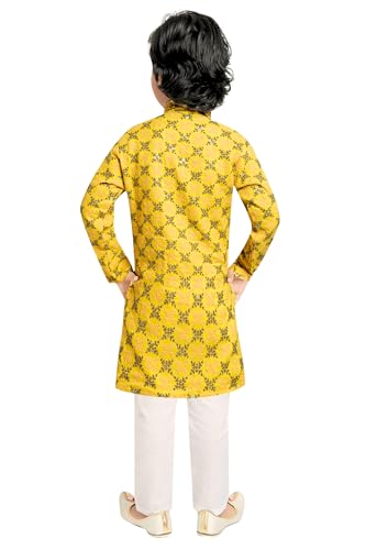 Image of TinySteps Boys' Ethnic Wear - Cotton Lakhnavi Chikan Kurta with Golden Sequence Work and Elastic Waist White Cotton Pajama - Festive & Wedding Outfit