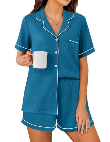 Image of Ekouaer Womens Waffle Knit Pajama Sets Soft Short Sleeve Button Down Sleepwear Cozy 2 Piece Pjs Shorts Set