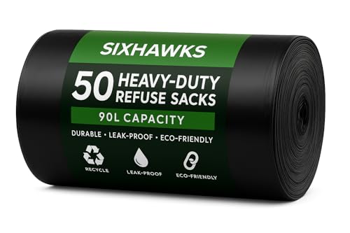 50 Pack Heavy-Duty Refuse Sacks - Durable & Reliable Waste Management Solution Recyclable,Leak Resistant Seal, Eco-Friendly Rubbish Bag Perfect for Household,Office,or Outdoor Use 90L