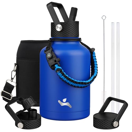 Botella de agua aislada con popote, 50 onzas, jarra de agua de 3 tapas con bolsa de transporte, asa de paracaídas, termo de metal de acero inoxidable al vacío de doble pared, azul