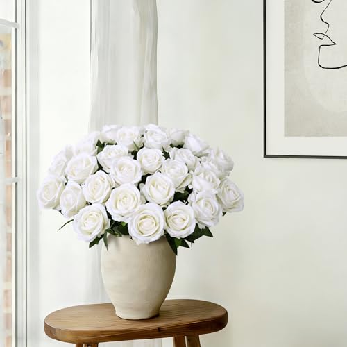 Image of INSPRING 50 PCS White Roses Artificial Flowers with Long Stems | Real Looking, Fake Roses, Silk Flowers, DIY Bouquet, Wedding Party Celebration Home Bridal Decoration Gift, for Her Wife