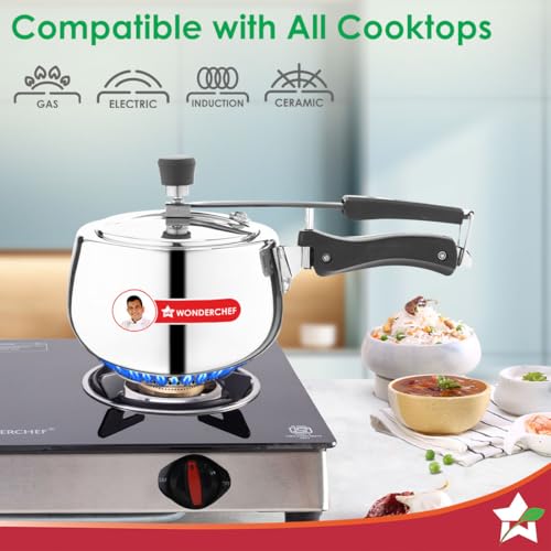 Image of Wonderchef Nigella Triply Stainless Steel Pressure Cooker 3L, Inner Lid, Gas, Induction Compatible & Ceramic Cooktop, ISI Certified, Contour Collection, Uniform Heating, 5-Year Warranty