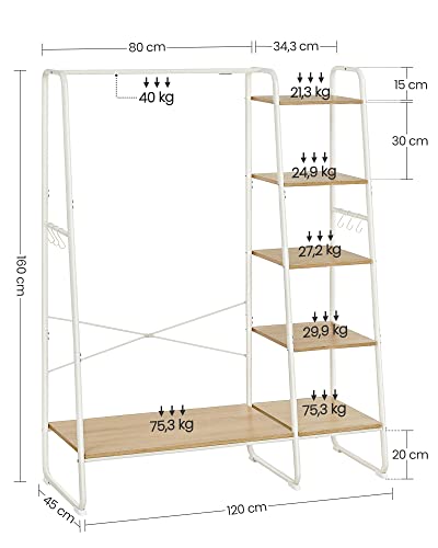 VASAGLE Kleiderständer, Garderobenständer, 45 x 120 x 160 cm Garderobe, Kleiderstange, Schuhablage, offener Kleiderschrank, 6 Haken abnehmbar, Schlafzimmer Flur, eichenfarben-mattweiß RGR116W09