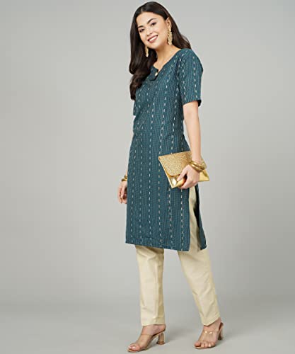 Image of Cotton Dobby Woven Design V- Neck Elbow Sleeves Knee Length Kurta for Women's