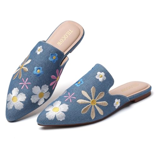 Image of Tilocow Women's Pointed Toe Flat Mules Backless Slip On Loafers