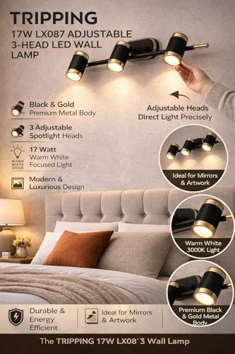 Image of TRIPPING 17watt LX087 Warm White Light Color Adjustable 3-Head LED Wall Lamp - Black & Gold Metal Body Focus Spot Light for Dressing Table, Mirror & Accent Walls (50x15x7 cm)