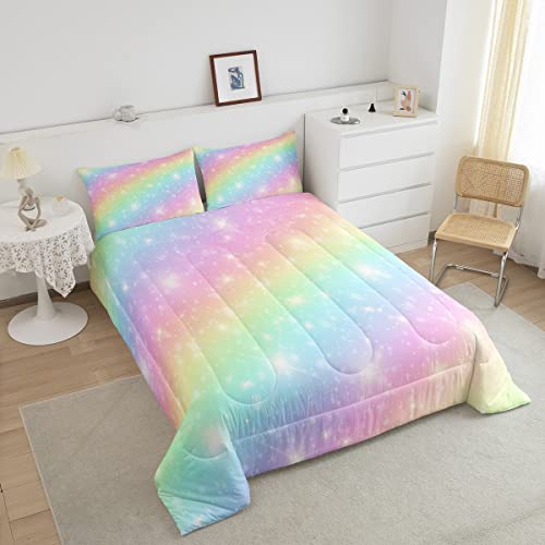 Erosebridal Rainbow Bedding Set For Kids Girls Teens Women Tie Dye Pastel Comforter Set Full Size Golden Stars Glitter Bedding Comforter Set Watercolor Art Girly Quilt Set Sweet Bedroom Decor 3 Piece #TOP2