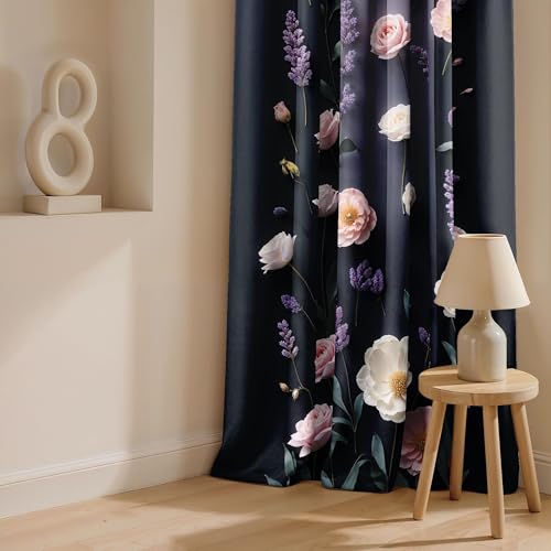 Image of Ultimate Trends Room Darkening Digital Printed 3D Prints Curtain 65-70% Opacity,Diamond Eyelets, Tie Back, Floral Decorated, 8 FEET Pack of 1,Deep Blue