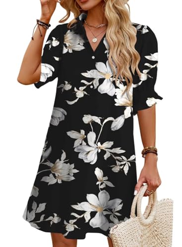 Image of Womens Summer Shirt Mini Dresses 2026 Beach | Flowy Shift Dress, Button V Neck, Polo Collar, Ruffle Short Sleeve, Floral Boho Style, Casual Vacation Outfits with Pockets