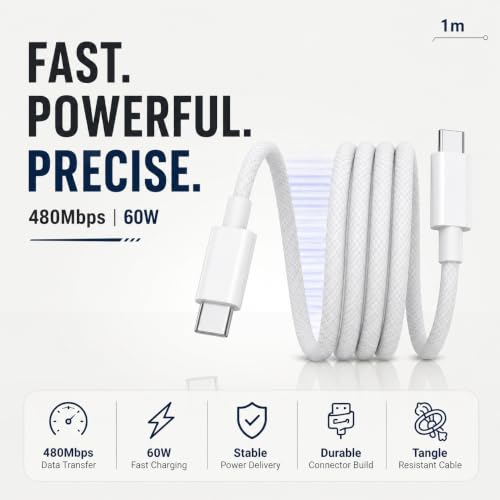 Image of USB Type C to Type C Fast Charging Cable, 1M USB-C Charger Cord with 480Mbps Data Sync, Compatible with iPhone 17 /16 /15 Series, MacBook, iPad & All USB Type-C Devices (Free Cable Protectors)
