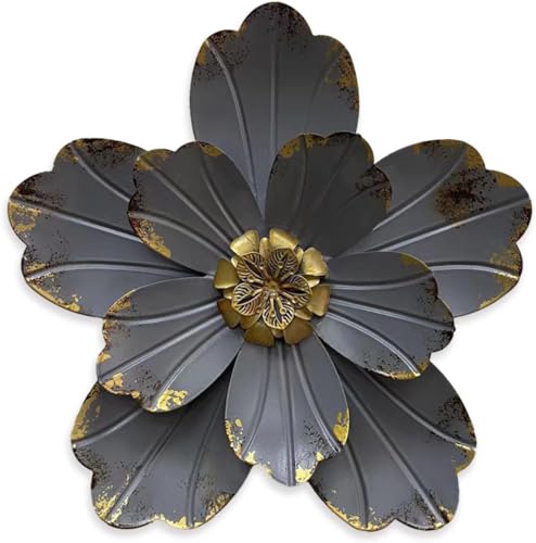 Metal Flower Wall Sculpture, 9.5' Rustic Modern Artwork Distressed 3D Layered Vintage Iron Flower Wall Hanging Accent for Indoor Kitchen, Bedroom Living Room Office Outdoor Garden Patio Decor (Grey)