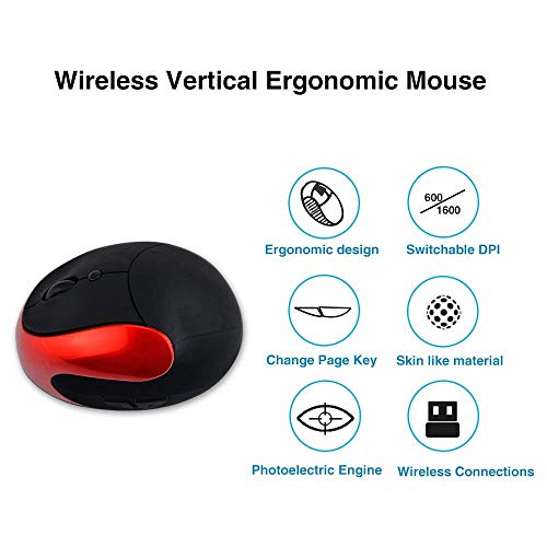 Mouse Wireless 2.4G con Ricevitore Nano USB,Ergonomico Verticale Ottico Mouse Senza Fili,800/1200/1600/2400 DPI Regolabile,Ricarica Rapida,6 Pulsanti per Laptop,PC,Computer,Notebook,Windows,Mac-Rosso