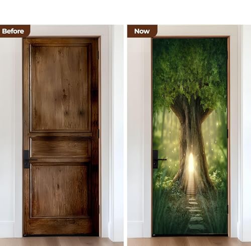 FLFK Türtapete Selbstklebend TürPoster 77x200cm-Fantasie Licht Baum Haus Türaufkleber Abziehen und Aufkleben Mauer Aufkleber Zuhause Dekor(2 Stk/Set)