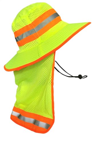 Image of Men High Visibility Reflective Sun Hat with Neck Flap Wide Brim Boonie Hat Bucket Cap