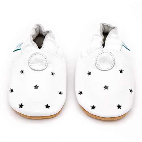Dotty Fish Zachte Leren Babyschoenen en Peuterschoenen – Blote Voeten Gevoel, Antislip, Lichtgewicht & Flexibel, Elastische Enkel – Unisex Jongens & Meisjes – Witte Sterren 12-18 maanden