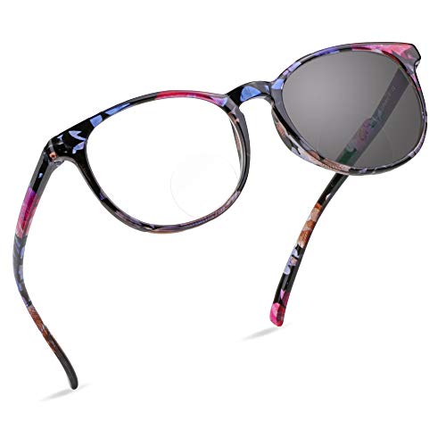 LifeArt Bifocal Reading Glasses, Transition Photochromic Dark Grey Sunglasses, Oval Frame, Computer Reading Glasses, Anti Glare (Floral, +0.00/+1.50 Magnification)