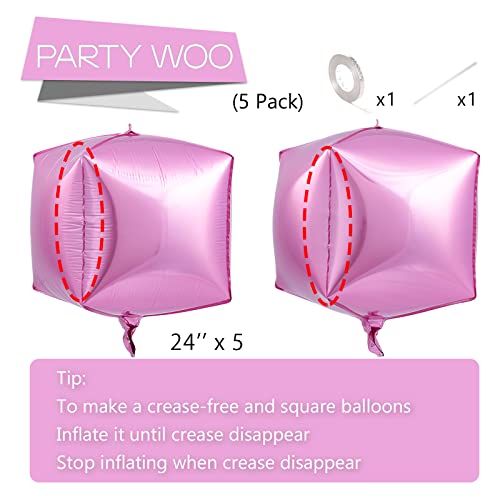 Partywoo Pink Balloons, 5 Pcs Pink Square Balloons, 22 Inch Giant 4D Foil Balloons And Ribbon, Large Mylar Balloons, Metallic Pink Cube Balloons For Birthday, Baby Shower Decorations, Baptism #TOP4