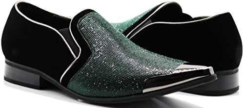 Image of Enzo Romeo Crisiano Men Rhinestone Chrome Toe Suede Pointy Dress Loafer Slip On Shoes