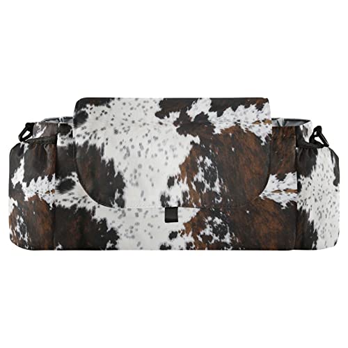 Image of CUPADA Full Framed Spotted White and Brown Cow Skin Texture Universal Stroller Organizer, Stroller Organizer Bag with Cup Holders Removable Shoulder Strap Fits Most Baby and Pet Strollers