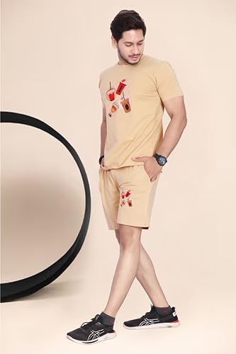 Image of HOODMASTER Men's Cotton Night Suit Set of Top & Knee Length Shorts with Round Neck Half Sleeves Solid Pattern Regular Fit and Standard Length | Mens Cotton Night Suit | T-Shirt and Shorts Sets