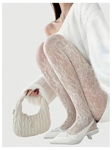 Image of RoseSeek Women's Floral Lace Fishnet Tights Kawaii Y2K See Through Stocking