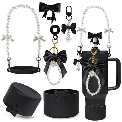 VirgoCCY Black Bow Stanley Cup Accessories Set Including Siliocne Straw Cover, Siliocne Boot, Water Bottle Handle Strap, Charms for Stanley Cup 40oz 30oz Tumbler with Handle, Black