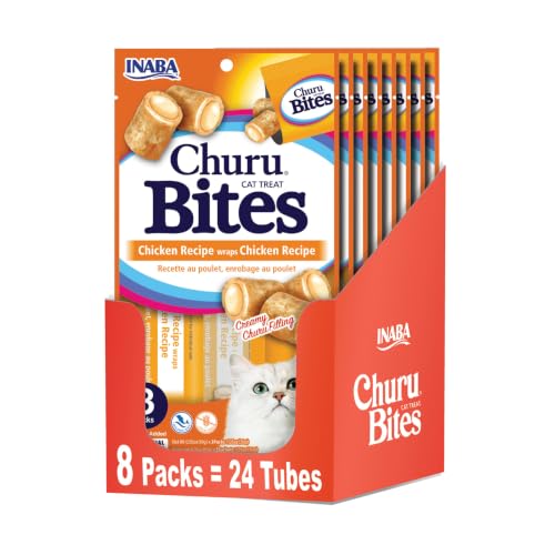 INABA Churu Bites for Cats Soft/Chewy Baked Chicken Wrapped Churu Filled Cat Treats with Vitamin E 0.35 Ounces per Tube 24 Tubes Total (3 Tubes per Pack) Chicken Recipe