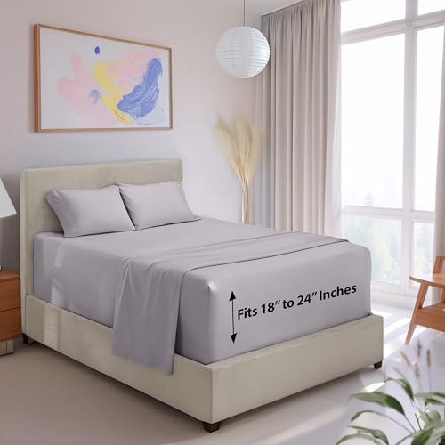 Image of Hearth & Harbor Extra Deep Pocket Queen Size Sheet Set - 4 Piece Ultra Soft & Breathable Bed Sheets Set - Fits Up to 24 inch Mattress - Hotel Luxury Bed Sheet Set, Grey Lavender | 4 Piece Bed Sheet Set, Ultra Soft & Breathable, Fits Up to 24 inch Mattress, Hotel Luxury