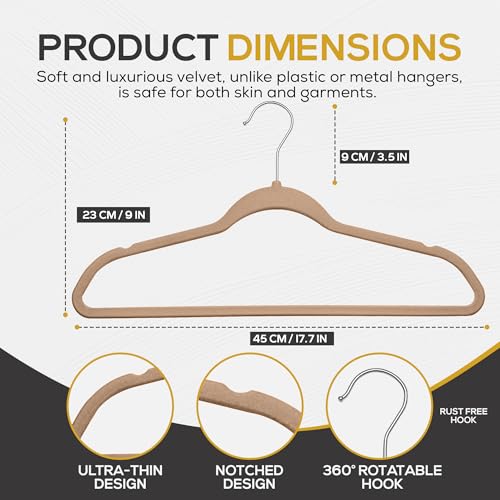Image of Techzoo 50 Pack New Premium Quality Velvet Hangers Ultra Thin Non Slip Adult Felt Space Saving Hangers for Closet Heavy Duty Coat Pants Dress Hangers 360 Swivel Hook Hold Upto 10 lbs Warm Taupe
