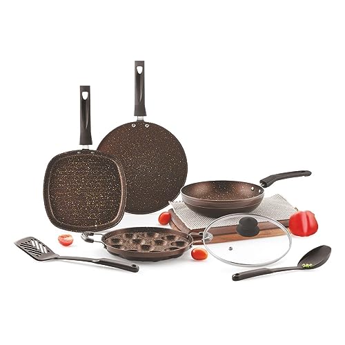 Image of Orange Non-Stick 7 Piece Joy Gift Set /Combo Set, Granite Finish | 27cm Smart dosa tawa, 22cm Grill Pan, 23cm Multipurpose Wok, 12 pits Appam pan, Glass Lid, 2 Nylon Spoons | Brown Color