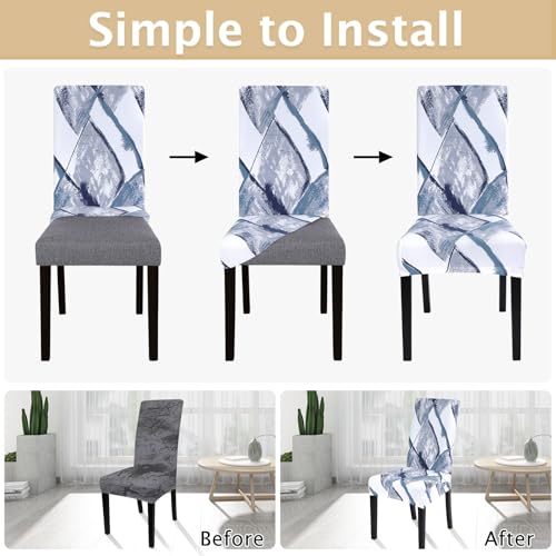 Image of SearchI Printed Dining Room Chair Covers Set of 4, Stretch Kitchen Chair Covers Washable Parsons Chair Slipcover Removable Dining Chair Protectors for Hotel,Ceremony(Blue /White)