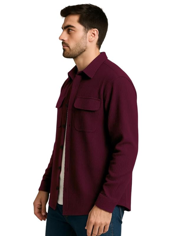 Image of DEELMO Men's Full Sleeve Corduroy Shirt | Stylish Textured Casual Button-Down Shacket for Autumn Winter | Dual Pocket Front Design | Ideal for Layering and Daily Outfits
