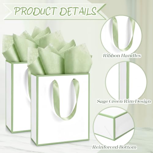 Image of Yeaqee 24 Pack Metallic Paper Gift Bag with Tissue, White, Sage Green