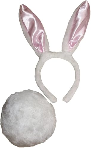 Diadema de orejas de conejo blanco y rosa con cola esponjosa blanca