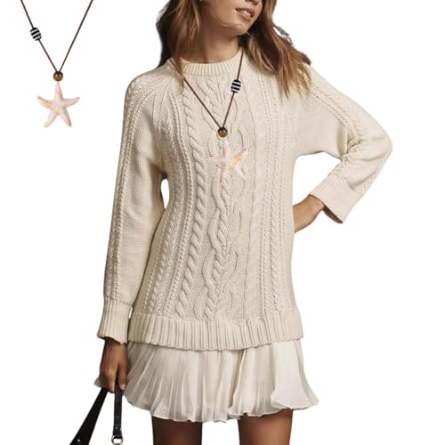Women Crewneck Cable Knit Sweater Mini Dress, Chunky Cable Knit Sweater Dress, Long Sleeve Pleated A-Line Knit Dress