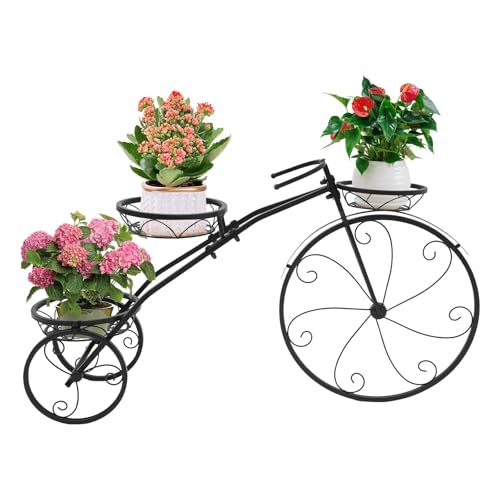 Support Plantes Vélo Tricycle 3 Étages, Porte Plante Fer Forgé avec 3 Pots, Décoration Jardin Rétro pour Terrasse Balcon Salon Extérieur