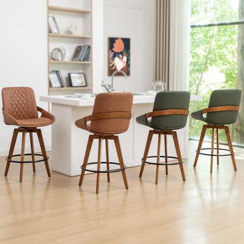 Image of Bar Stools Set of 2, 29.5 Inch Mid Century Modern Retro Swivel Bar Chairs, Furniture with Curved Back, Faux Leather Upholstered and Walnut Wood Frame for Bar /Pub /Island (Brown, 29.5 inch-2 PCS)