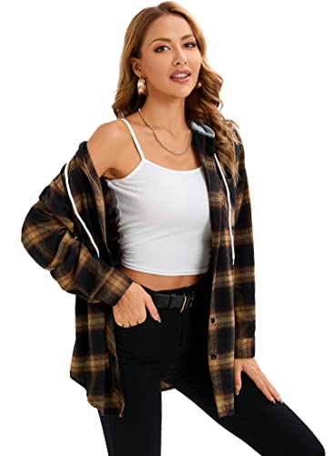 Women's Plaid Flannel Shirts Hoodie Long Sleeve Oversized Shirt Jacket Button Down Blouse Tops