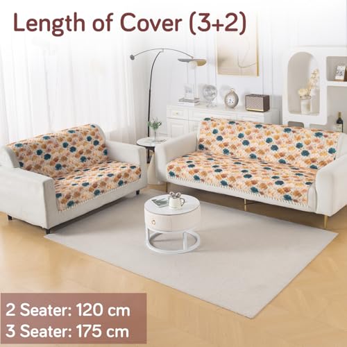 Image of HOKIPO Boho Wildflower Quilted Sofa Cover 3 Seater and 2 Seater with Tassels Set - 5 Seater Sofa Cover (3+2) for Seat & Back | 'Tassel Twigs' Series (IN-991-T11 + IN-990-T11)