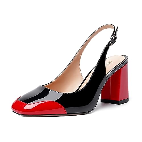 MODENCOCO Womens Buckle Party Square Toe Comfortable Fashion Slingback Patent Block High Heel Pumps Shoes 3.3 Inch