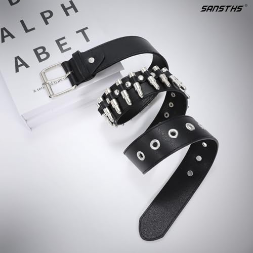 SANSTHS Rivet Belts for Women Men Black Studded Gothic Belt Punk Belt with Metel Buckle for Jeans Hip Hop4