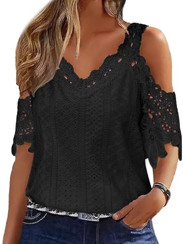 Flamingals Women's Cold Shoulder Eyelet Short Sleeve Hollow Out Lace Floral Sleeveless Blouse Top