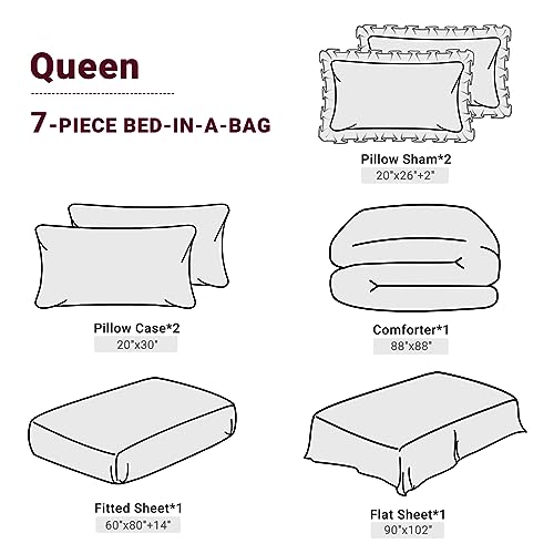 JOLLYVOGUE Queen Comforter Set 7 Pieces, Dark Red Bed in a Bag Comforter Set for Bedroom, Bedding Comforter Sets with Comforter, Sheets,Ruffled Shams & Pillowcases